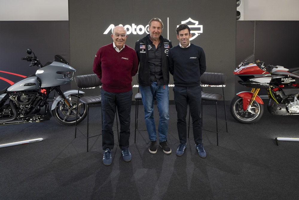 (L to R) Carmelo Ezpeleta, CEO of Dorna Sports; Jochen Zeitz, CEO of Harley-Davidson; Carlos Ezpeleta, Dorna Chief Sporting Officer. Photo Courtesy of MotoGP